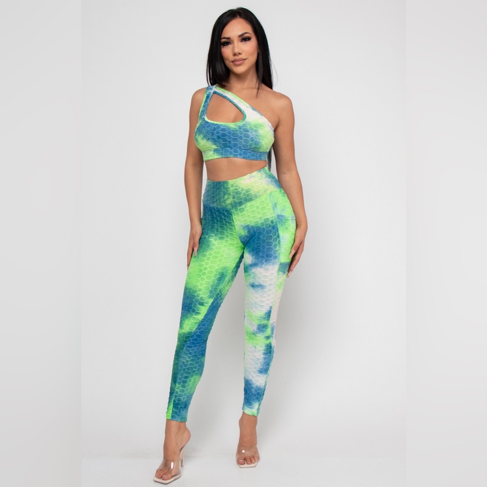 TEAL ONE SHOULDER 2PCS FITNESS SET ONE SHOULDER SPORT TOP & HIGH WAIST PANTS